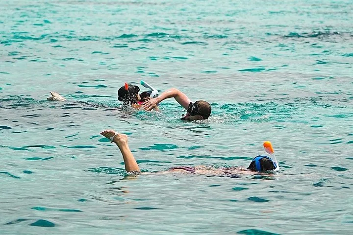 Tre persone che fanno snorkeling in acque turchesi limpide e basse durante una gita in barca.