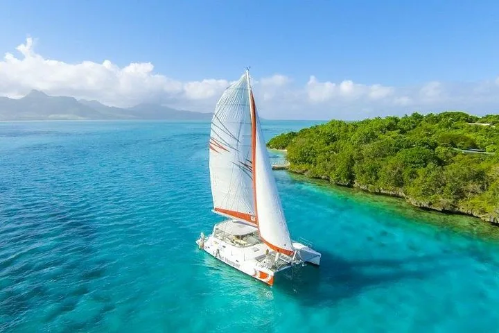 Un catamaran blanc naviguant sur une eau d'un bleu vif près d'une île tropicale.